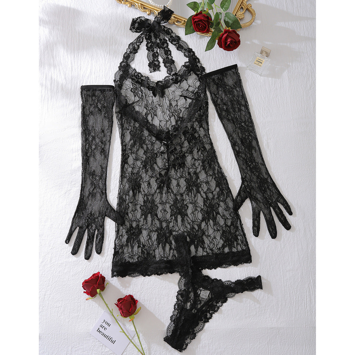 LADIES BLACK V-NECK LACE LINGERIE DRESS WITH MATCHING LACE GLOVES BLACK (SIZE S - L)