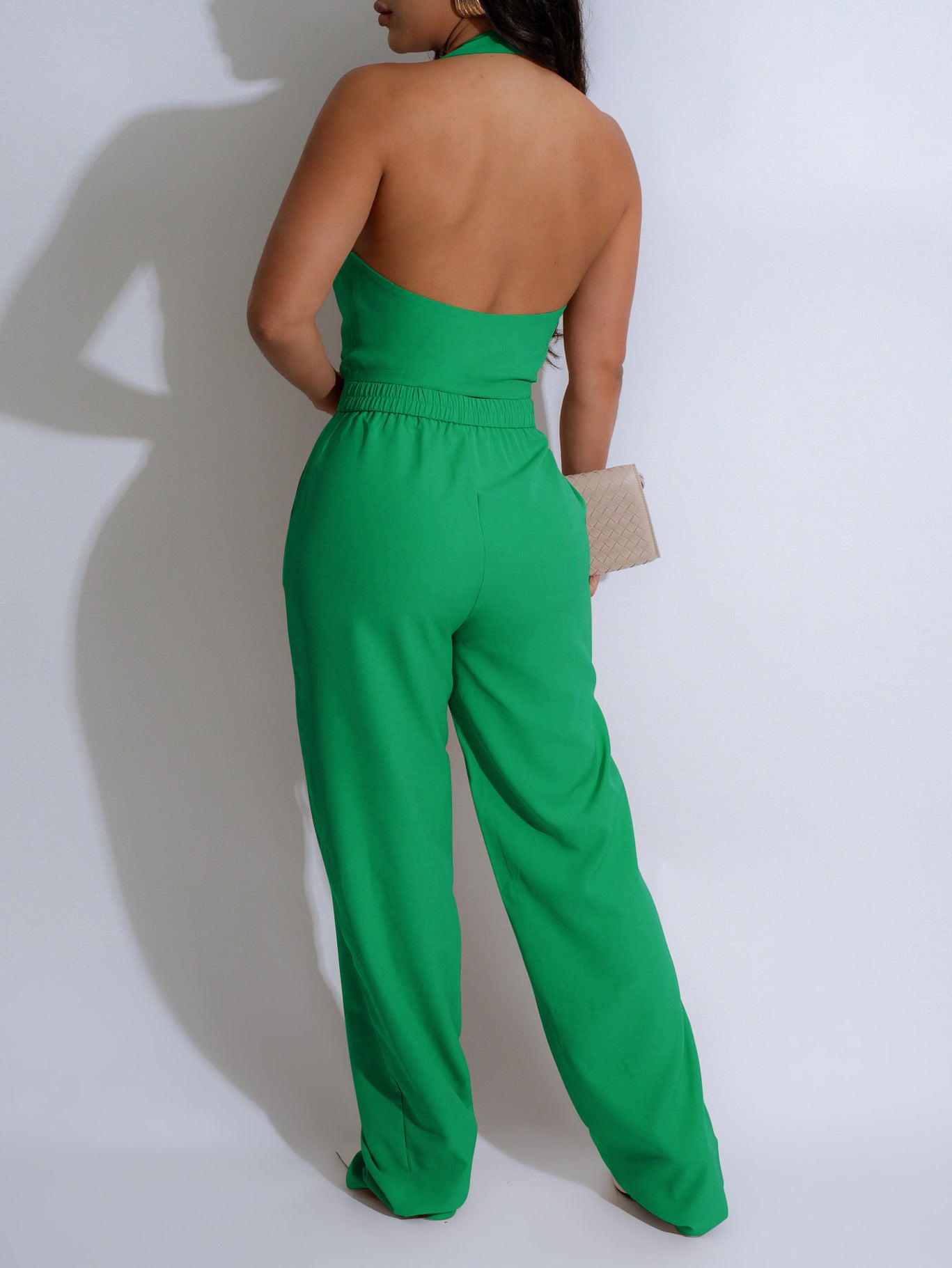 LADIES TWO PIECE SLEEVELESS VEST & PANTS SUIT SET BLACK / GREEN / BLUE / DARK RED / APRICOT-BEIGE (SIZE S - 2XL)