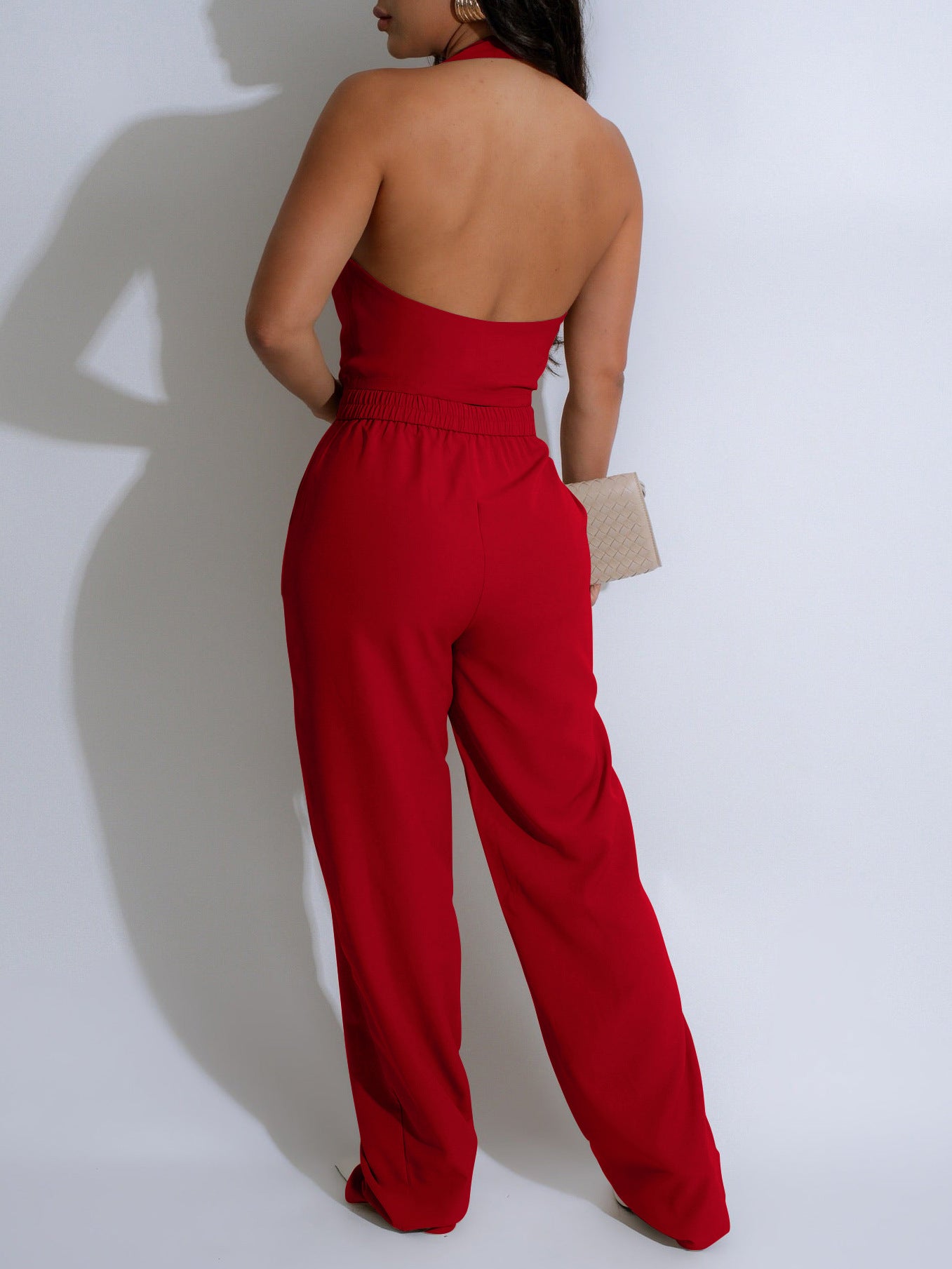 LADIES TWO PIECE SLEEVELESS VEST & PANTS SUIT SET BLACK / GREEN / BLUE / DARK RED / APRICOT-BEIGE (SIZE S - 2XL)