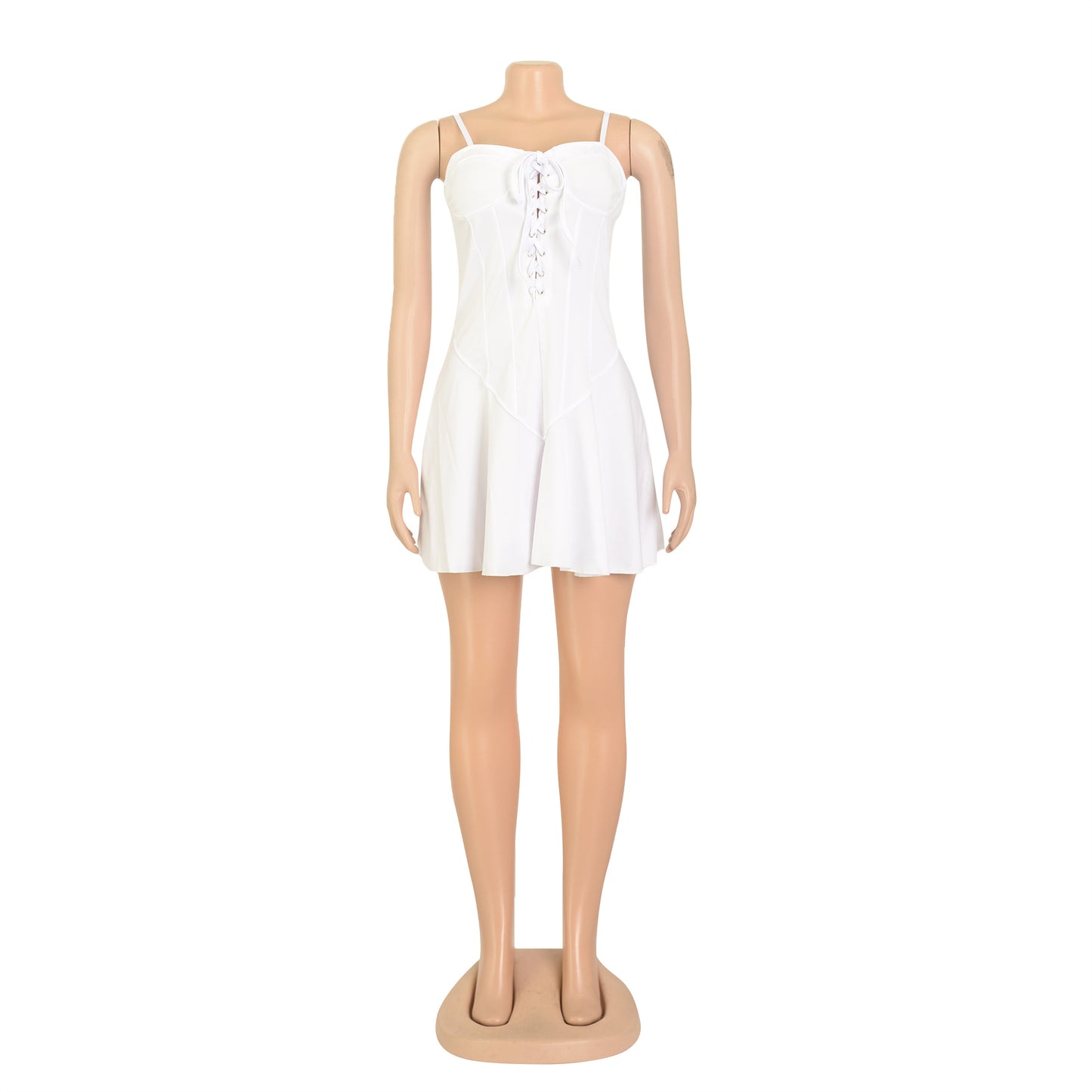 LADIES LACE UP MINI DRESS WHITE / PINK / YELLOW / ORANGE-RED (SIZE S - 2XL)