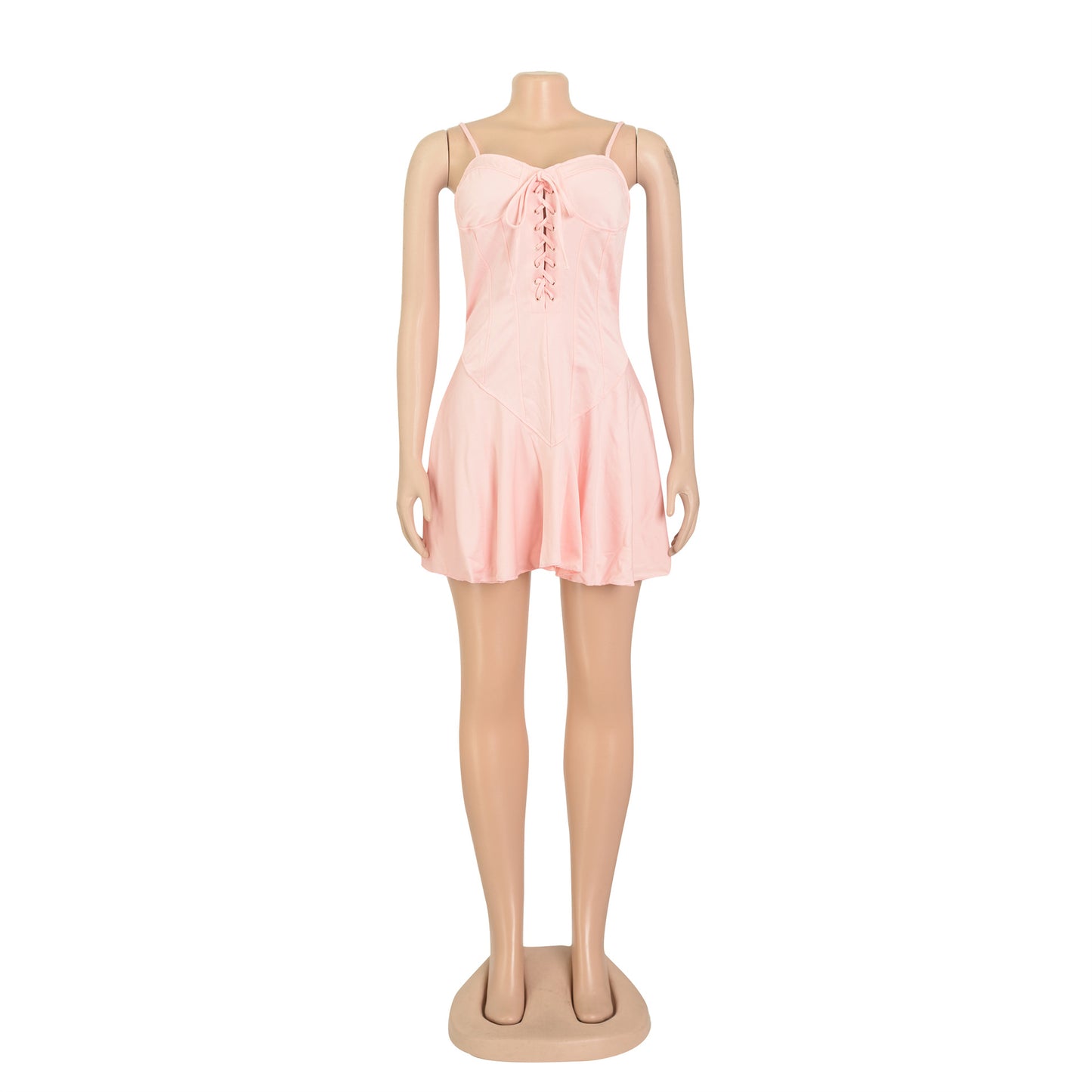 LADIES LACE UP MINI DRESS WHITE / PINK / YELLOW / ORANGE-RED (SIZE S - 2XL)
