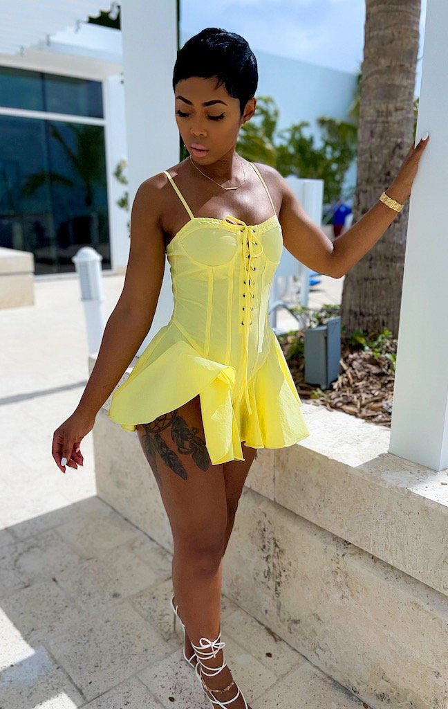 LADIES LACE UP MINI DRESS WHITE / PINK / YELLOW / ORANGE-RED (SIZE S - 2XL)