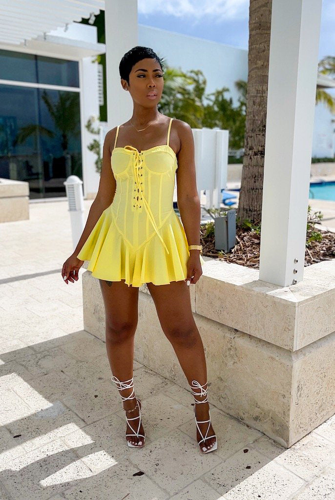 LADIES LACE UP MINI DRESS WHITE / PINK / YELLOW / ORANGE-RED (SIZE S - 2XL)