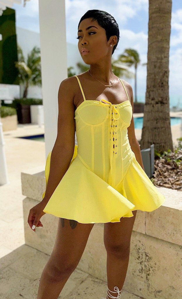 LADIES LACE UP MINI DRESS WHITE / PINK / YELLOW / ORANGE-RED (SIZE S - 2XL)