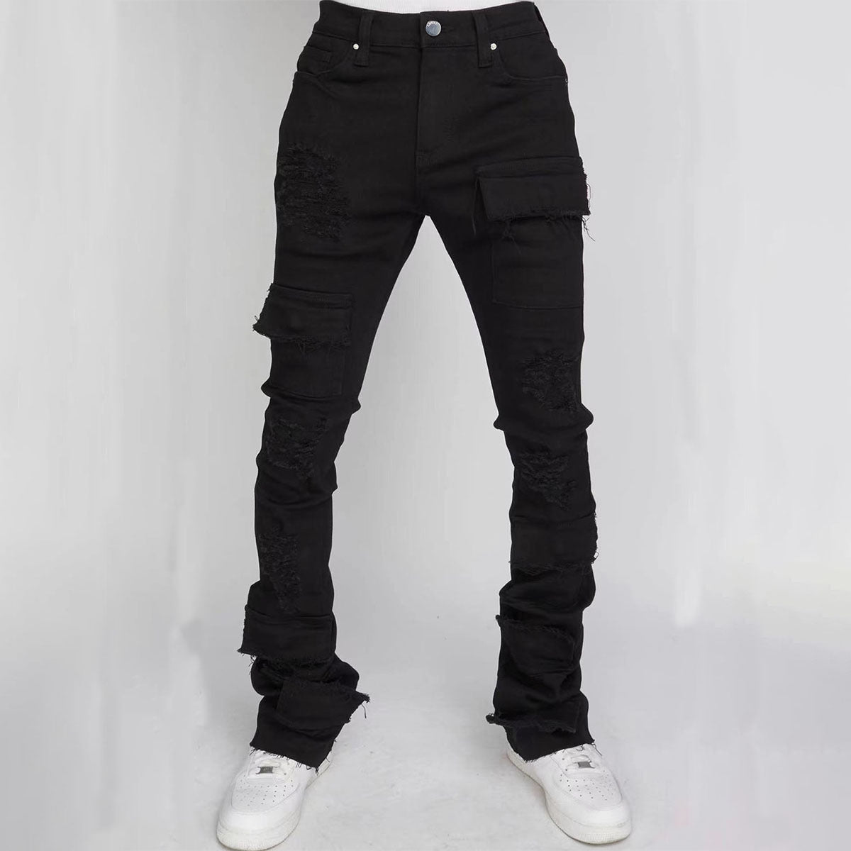 MENS DISTRESSED RIPPED JEANS BLACK DENIM / LIGHT BLUE DENIM / BEIGE BLUE DENIM (SIZE S - XL)