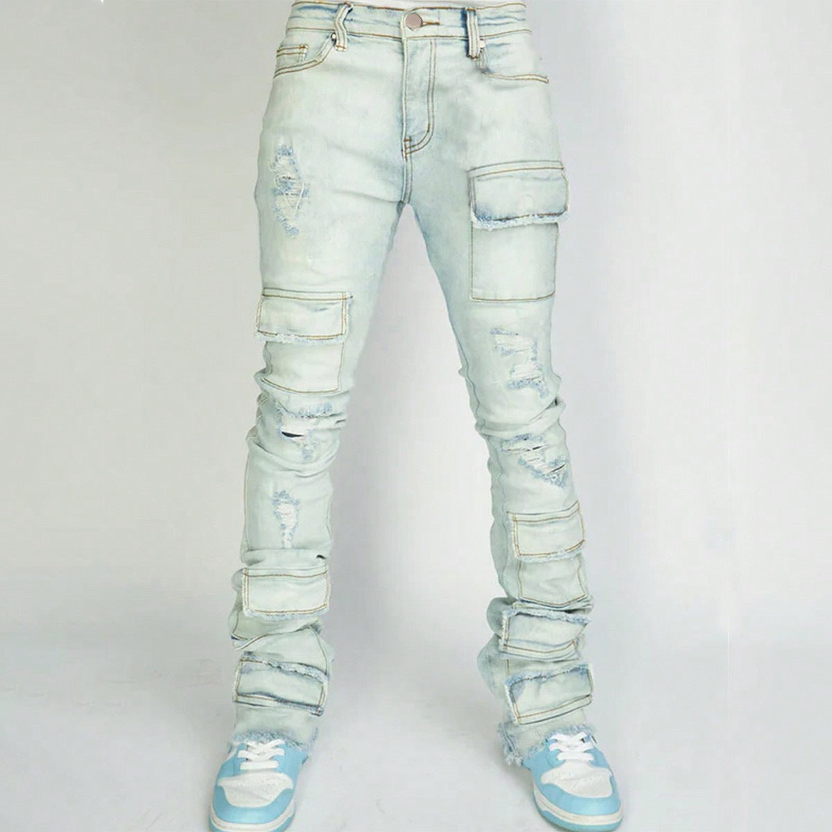 MENS DISTRESSED RIPPED JEANS BLACK DENIM / LIGHT BLUE DENIM / BEIGE BLUE DENIM (SIZE S - XL)
