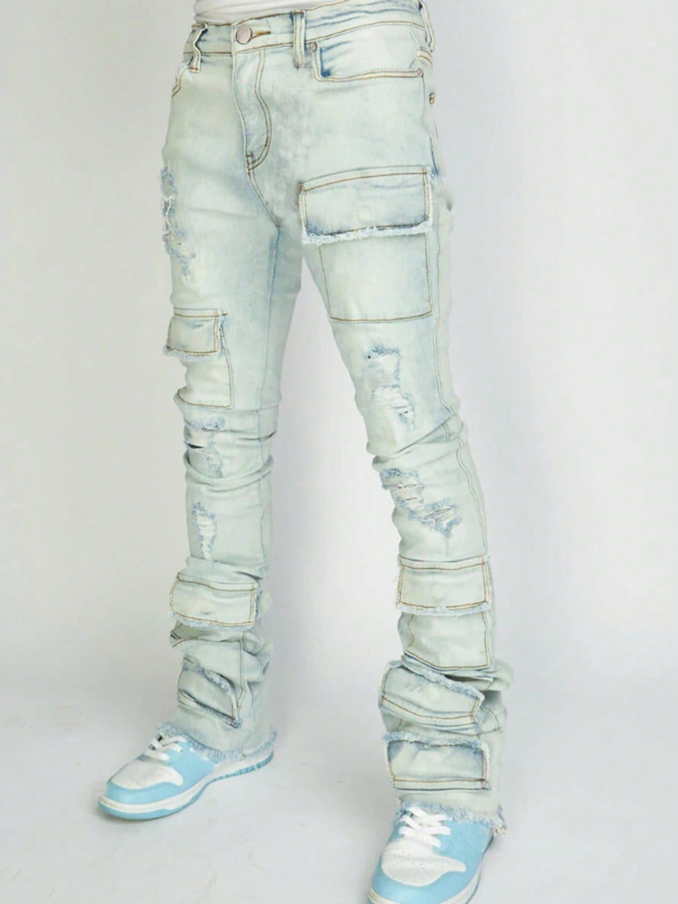 MENS DISTRESSED RIPPED JEANS BLACK DENIM / LIGHT BLUE DENIM / BEIGE BLUE DENIM (SIZE S - XL)