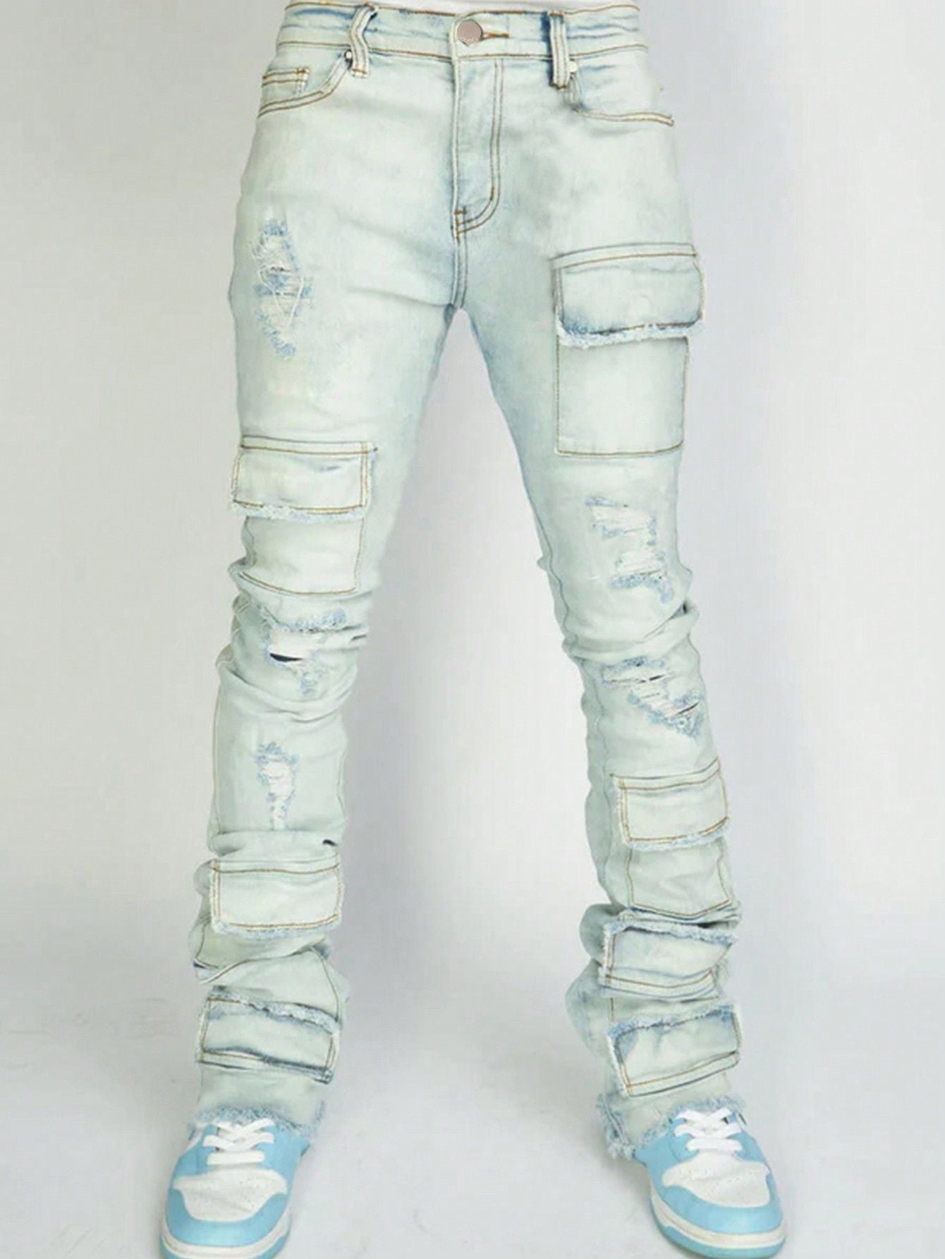 MENS DISTRESSED RIPPED JEANS BLACK DENIM / LIGHT BLUE DENIM / BEIGE BLUE DENIM (SIZE S - XL)