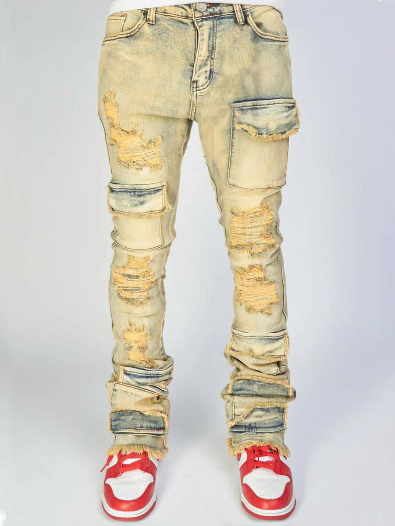 MENS DISTRESSED RIPPED JEANS BLACK DENIM / LIGHT BLUE DENIM / BEIGE BLUE DENIM (SIZE S - XL)