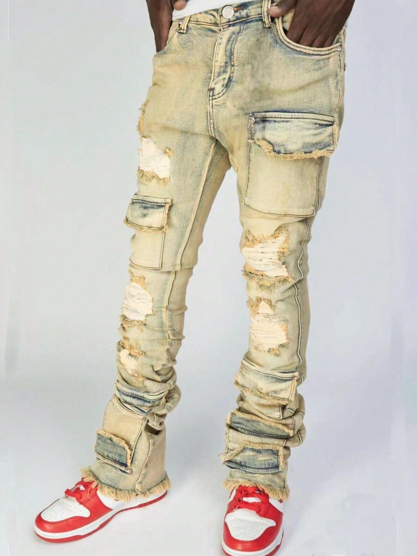 MENS DISTRESSED RIPPED JEANS BLACK DENIM / LIGHT BLUE DENIM / BEIGE BLUE DENIM (SIZE S - XL)