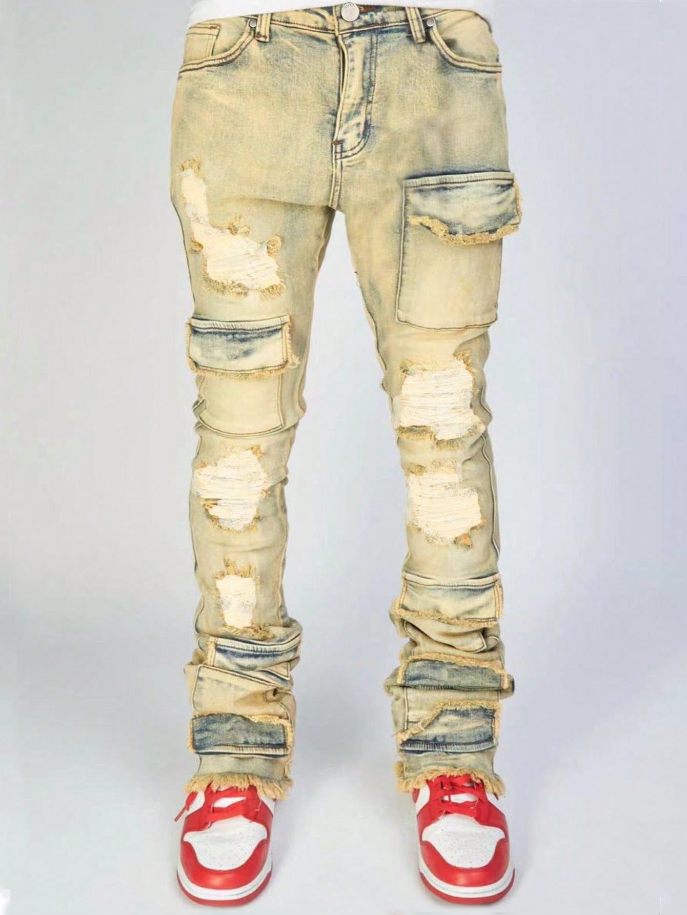 MENS DISTRESSED RIPPED JEANS BLACK DENIM / LIGHT BLUE DENIM / BEIGE BLUE DENIM (SIZE S - XL)
