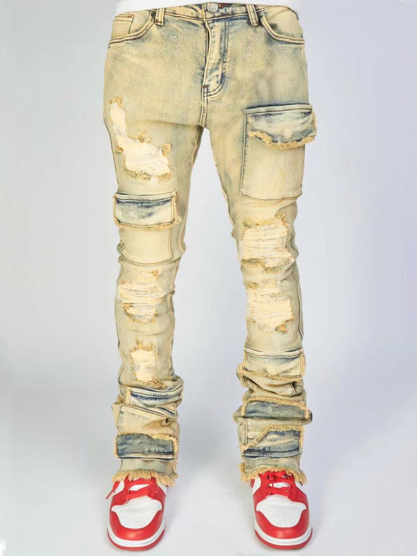 MENS DISTRESSED RIPPED JEANS BLACK DENIM / LIGHT BLUE DENIM / BEIGE BLUE DENIM (SIZE S - XL)