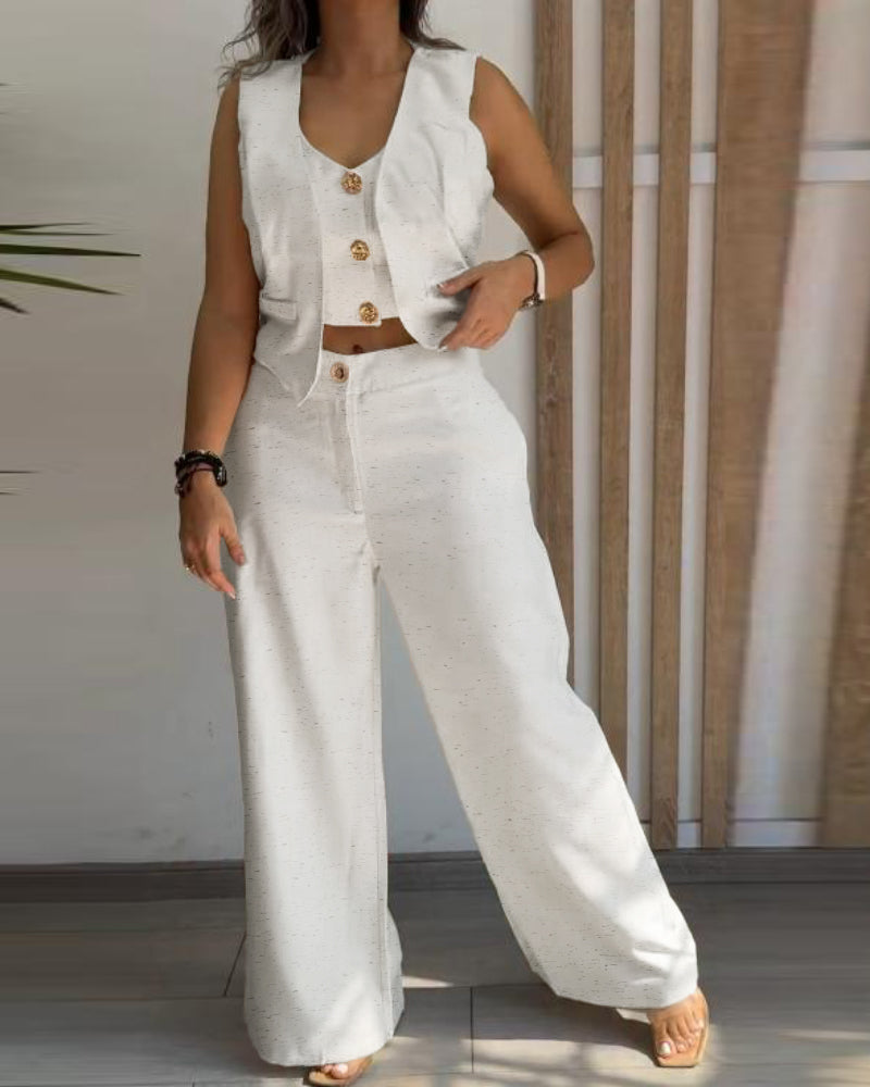 Stylih women ladies two piece sleeveless top and pants set White / black / light green / pink (Size S - XL)