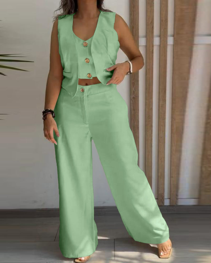 Stylih women ladies two piece sleeveless top and pants set White / black / light green / pink (Size S - XL)