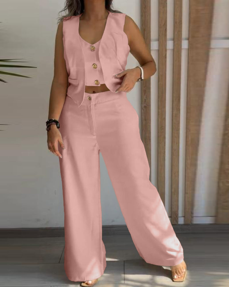 Stylih women ladies two piece sleeveless top and pants set White / black / light green / pink (Size S - XL)