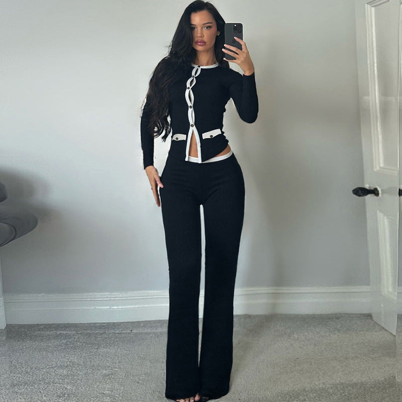 Women stylish fashion two piece round neck long sleeve top and pants set Black (Size S - L)