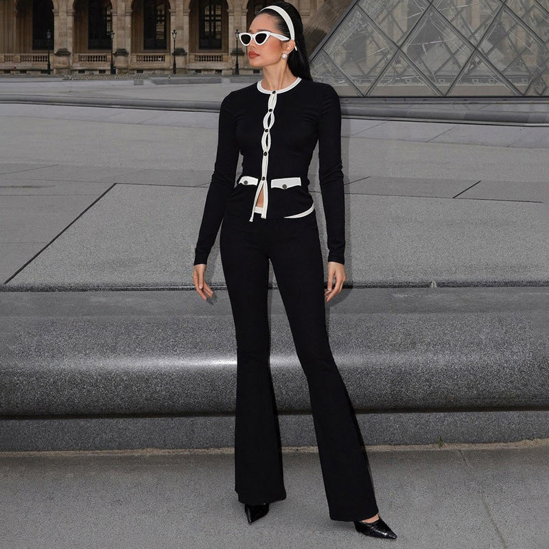 Women stylish fashion two piece round neck long sleeve top and pants set Black (Size S - L)