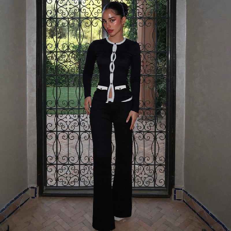 Women stylish fashion two piece round neck long sleeve top and pants set Black (Size S - L)