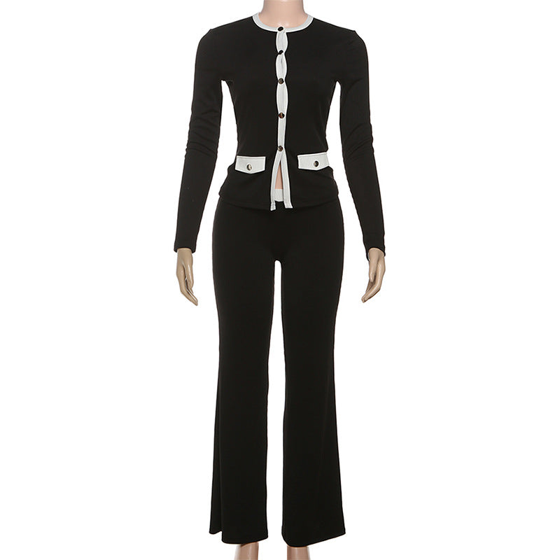 Women stylish fashion two piece round neck long sleeve top and pants set Black (Size S - L)