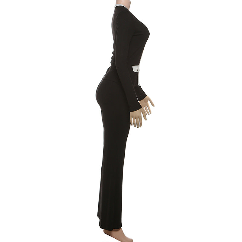 Women stylish fashion two piece round neck long sleeve top and pants set Black (Size S - L)