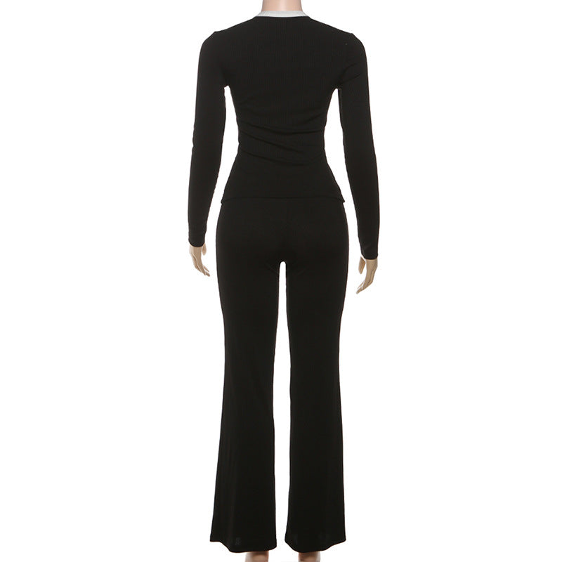 Women stylish fashion two piece round neck long sleeve top and pants set Black (Size S - L)