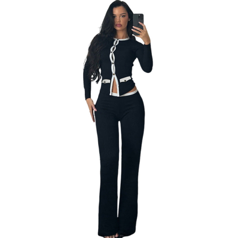 Women stylish fashion two piece round neck long sleeve top and pants set Black (Size S - L)