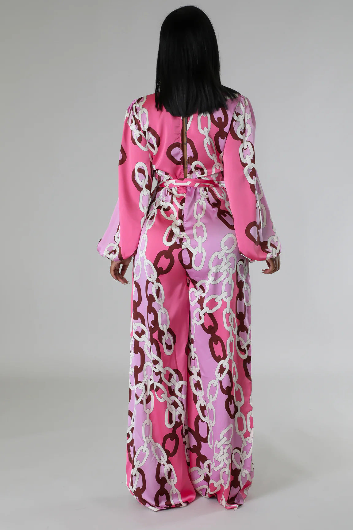 Women stylish fashion sexy pink print long sleeve jumpsuit Pink (Size S - 2XL)