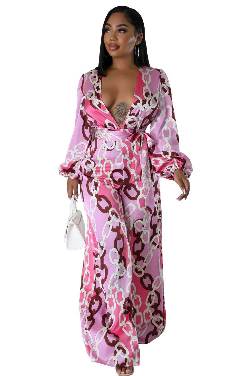 Women stylish fashion sexy pink print long sleeve jumpsuit Pink (Size S - 2XL)