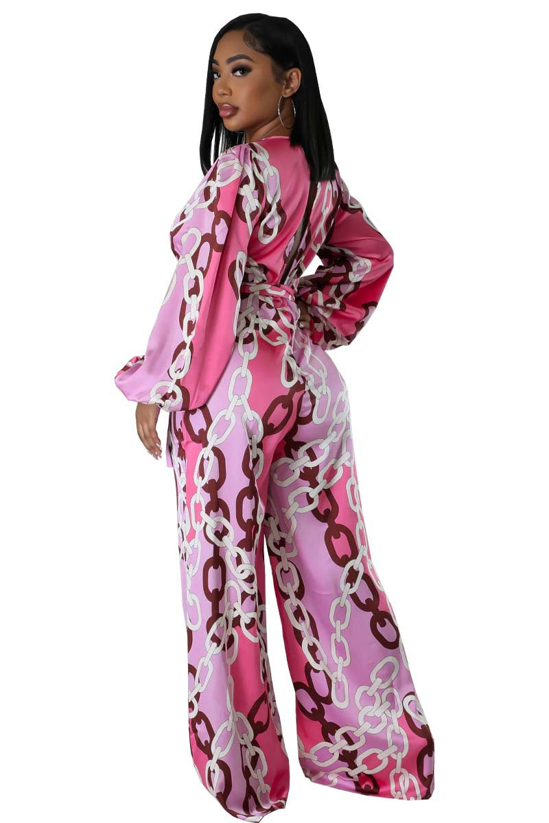 Women stylish fashion sexy pink print long sleeve jumpsuit Pink (Size S - 2XL)