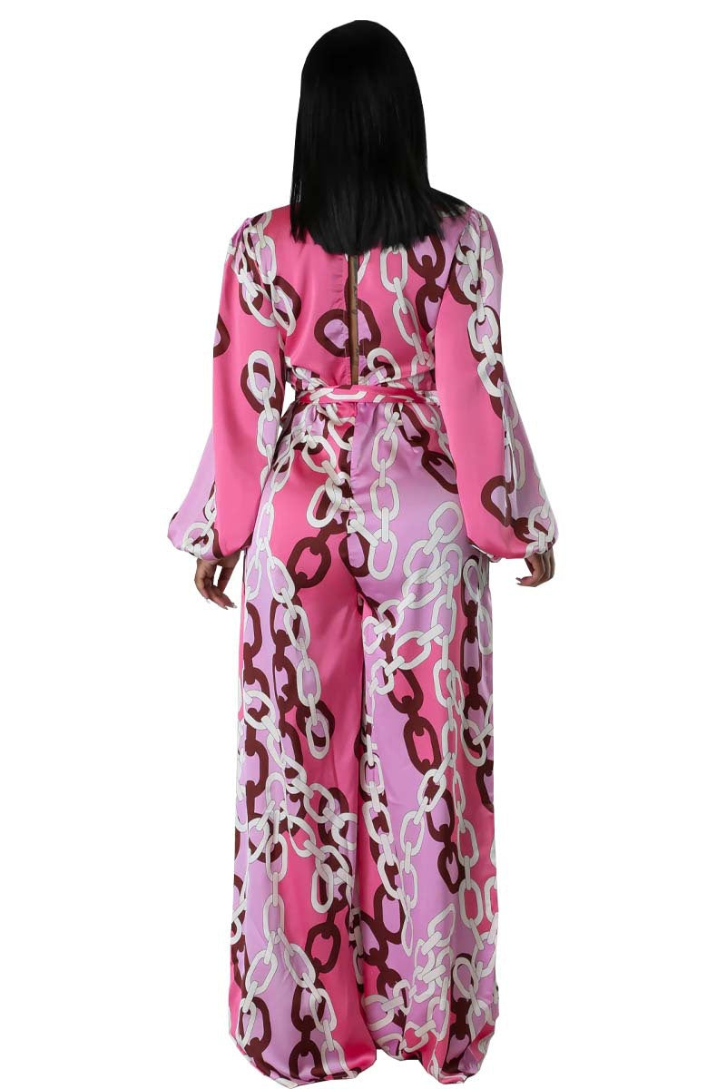Women stylish fashion sexy pink print long sleeve jumpsuit Pink (Size S - 2XL)