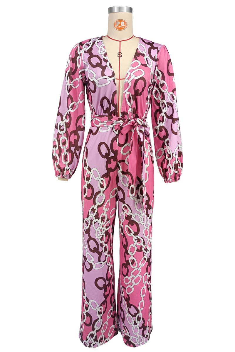 Women stylish fashion sexy pink print long sleeve jumpsuit Pink (Size S - 2XL)