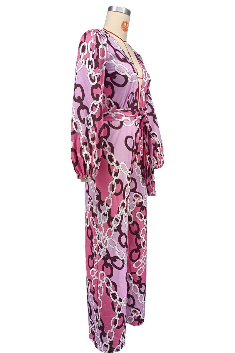 Women stylish fashion sexy pink print long sleeve jumpsuit Pink (Size S - 2XL)