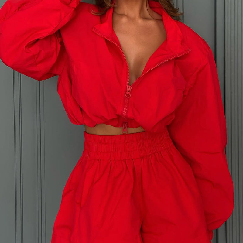 Ladies stylish fashion two piece long sleeve zipper top and shorts set Red (Size S - XL)