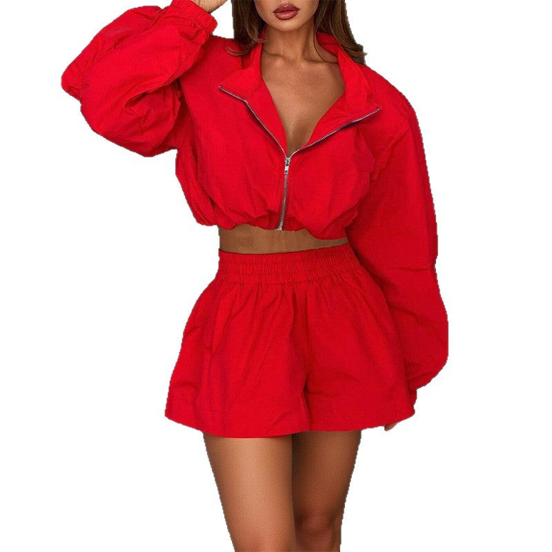 Ladies stylish fashion two piece long sleeve zipper top and shorts set Red (Size S - XL)