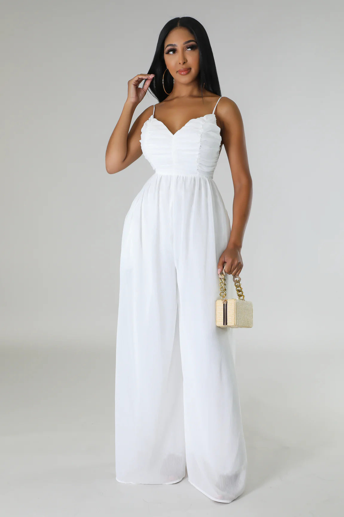 Women stylish fashion long low back loose fit jumpsuit White / black / red (Size S - 2XL)