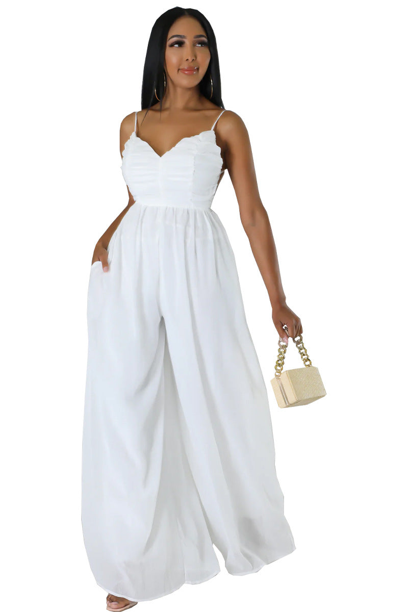 Women stylish fashion long low back loose fit jumpsuit White / black / red (Size S - 2XL)
