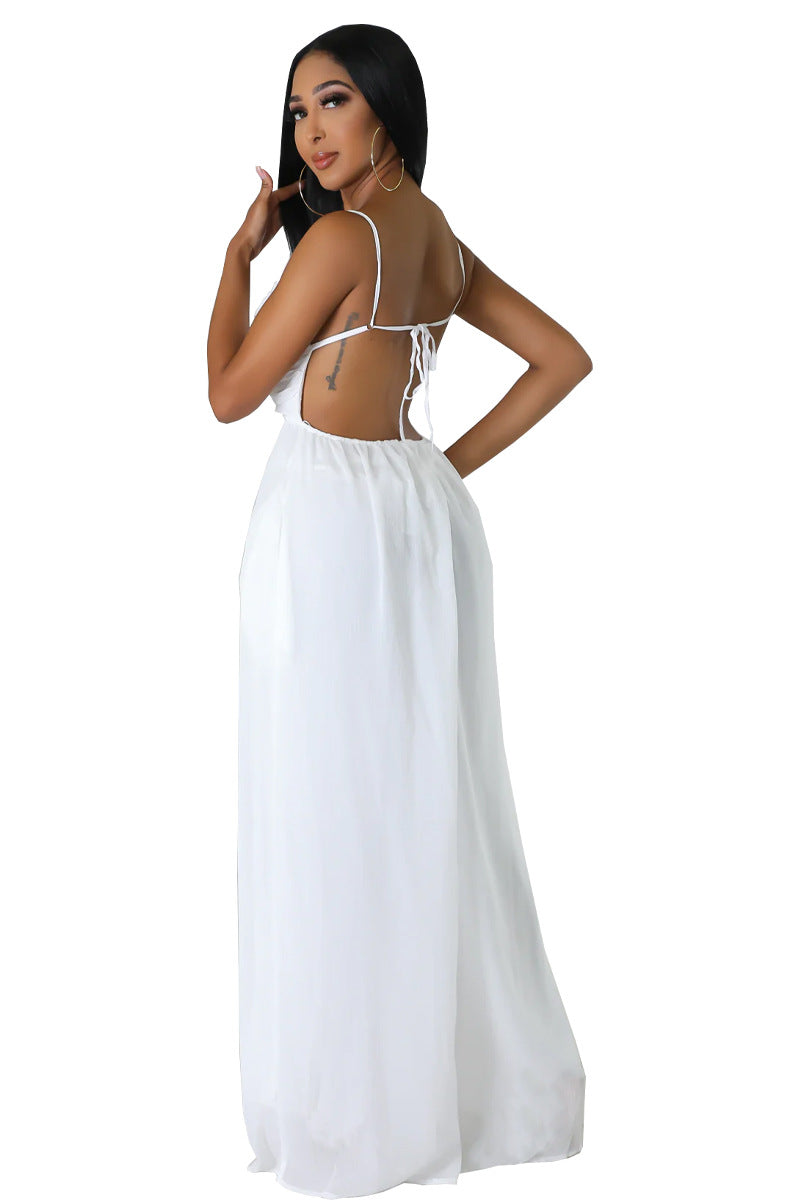 Women stylish fashion long low back loose fit jumpsuit White / black / red (Size S - 2XL)