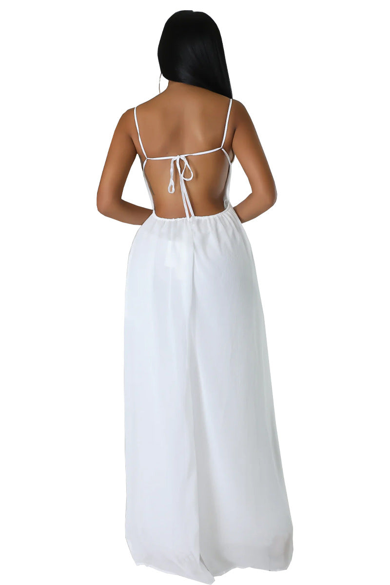 Women stylish fashion long low back loose fit jumpsuit White / black / red (Size S - 2XL)