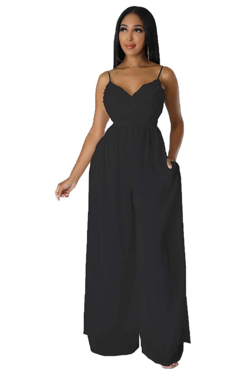 Women stylish fashion long low back loose fit jumpsuit White / black / red (Size S - 2XL)