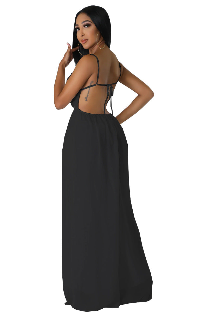 Women stylish fashion long low back loose fit jumpsuit White / black / red (Size S - 2XL)