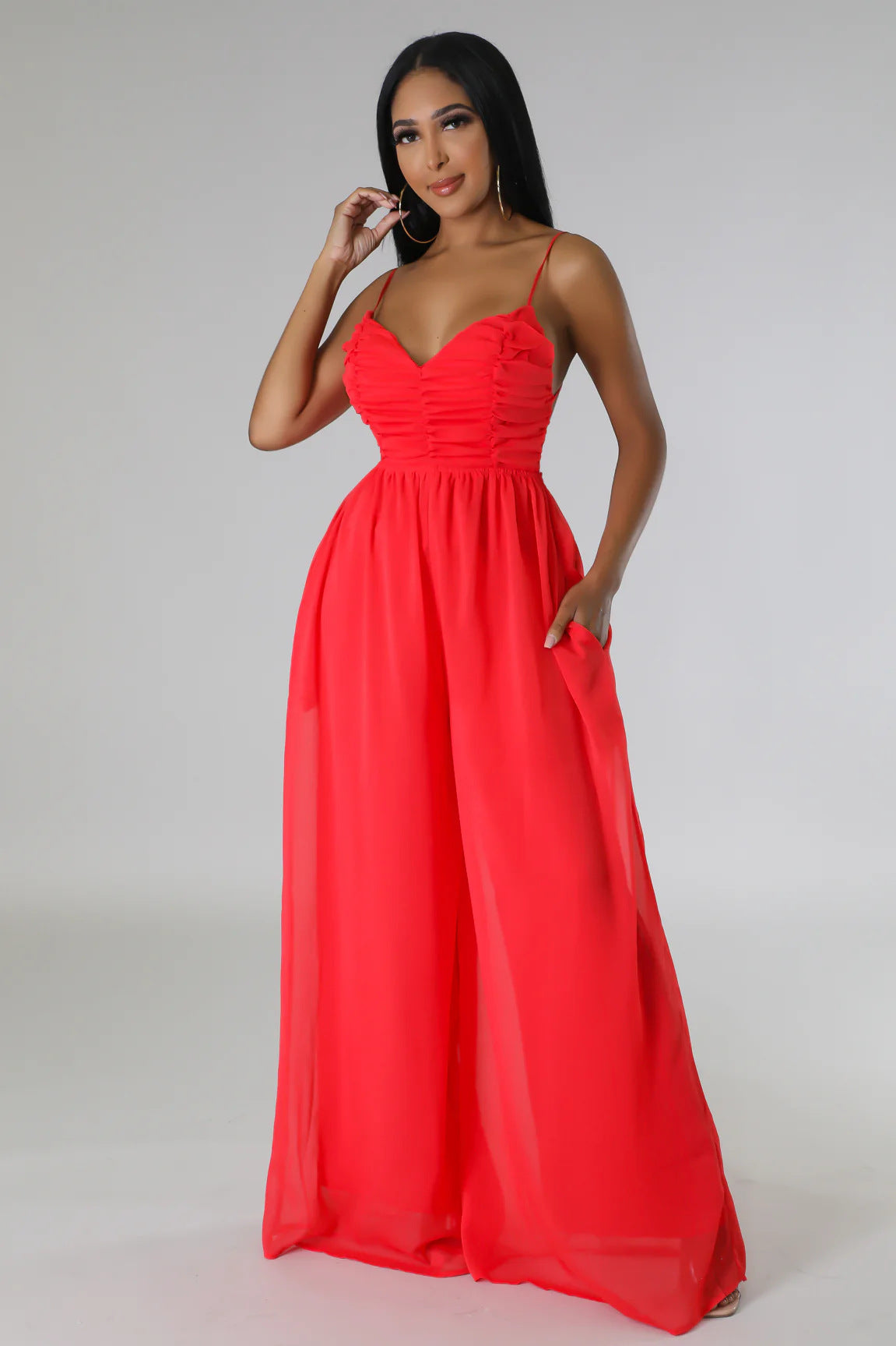 Women stylish fashion long low back loose fit jumpsuit White / black / red (Size S - 2XL)