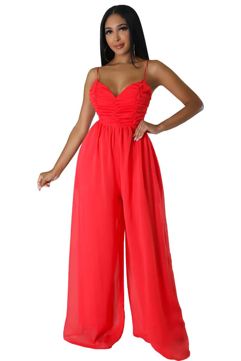 Women stylish fashion long low back loose fit jumpsuit White / black / red (Size S - 2XL)