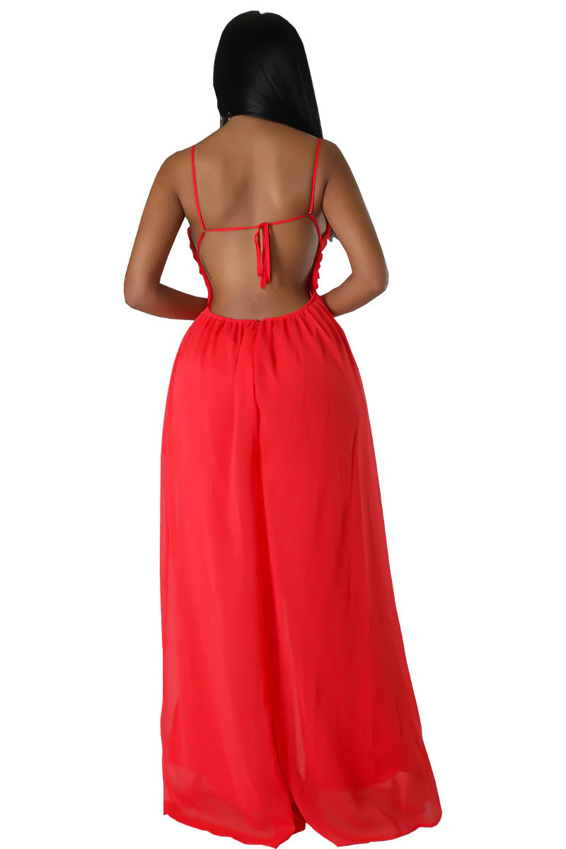 Women stylish fashion long low back loose fit jumpsuit White / black / red (Size S - 2XL)