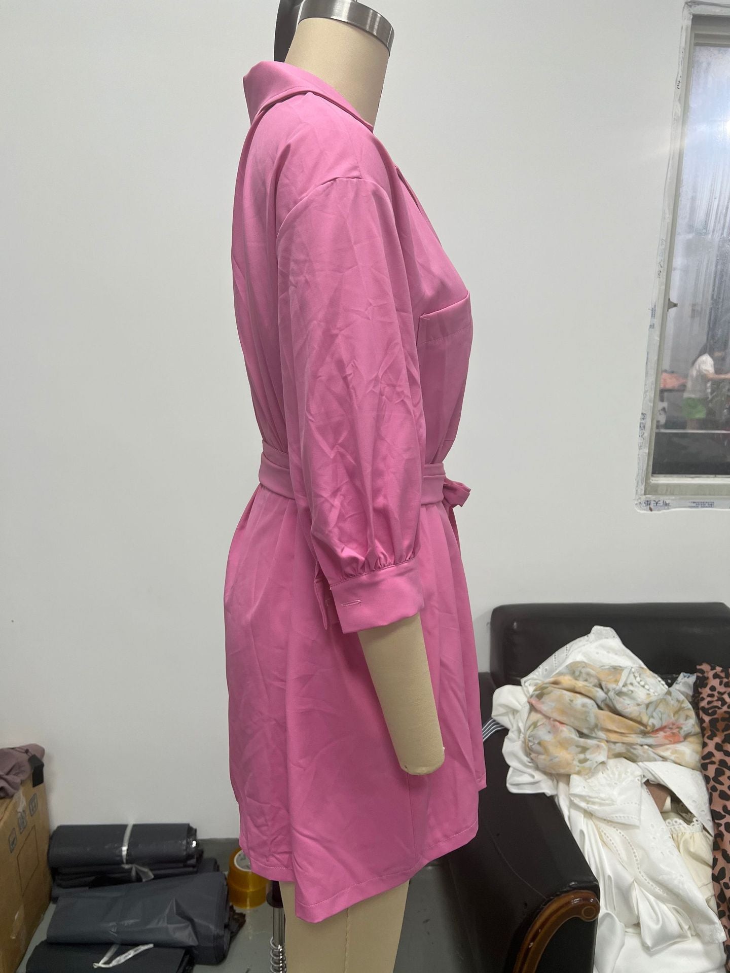Women stylish fashion shirt dress with belt Pink (Size S-2XL)