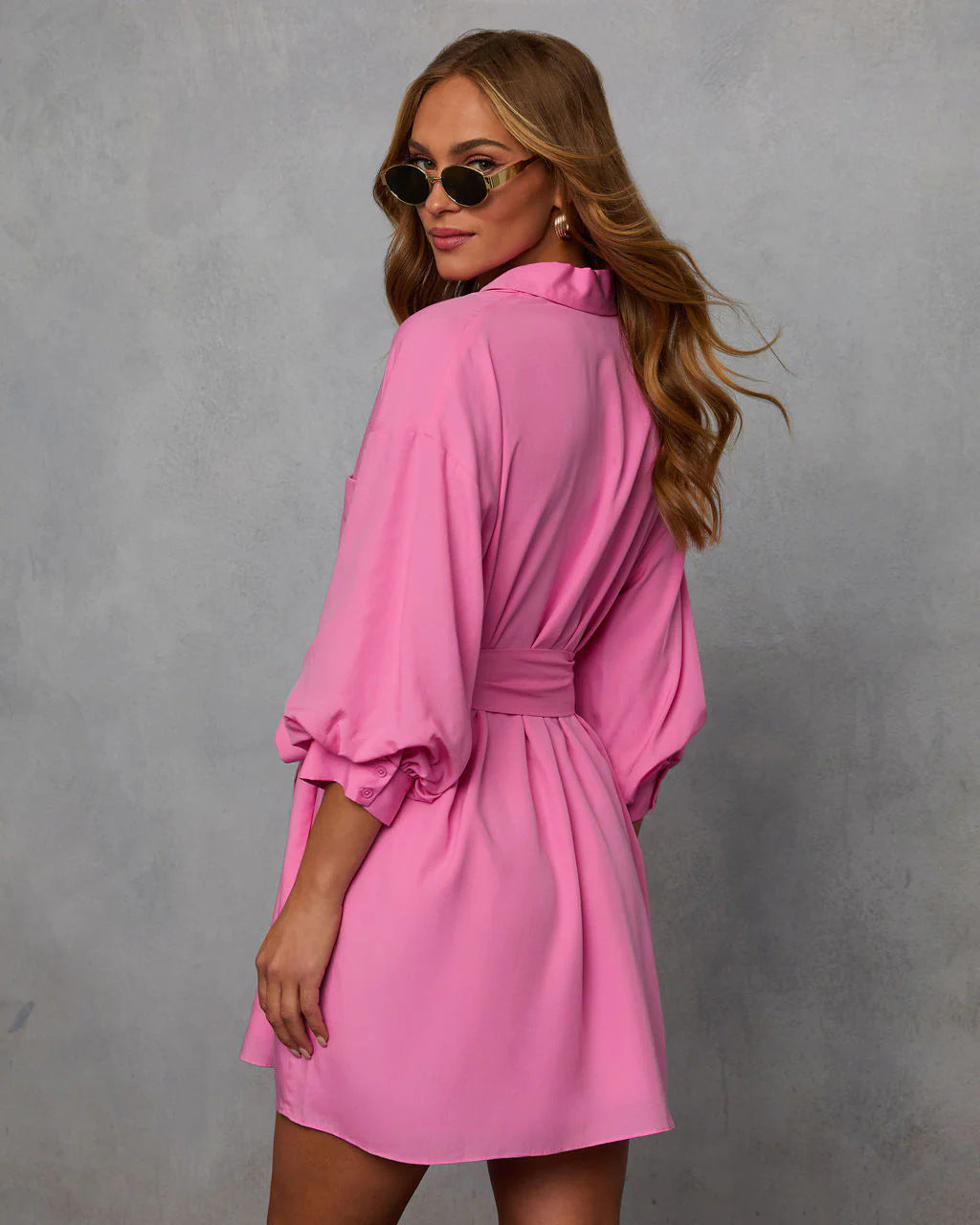 Women stylish fashion shirt dress with belt Pink (Size S-2XL)
