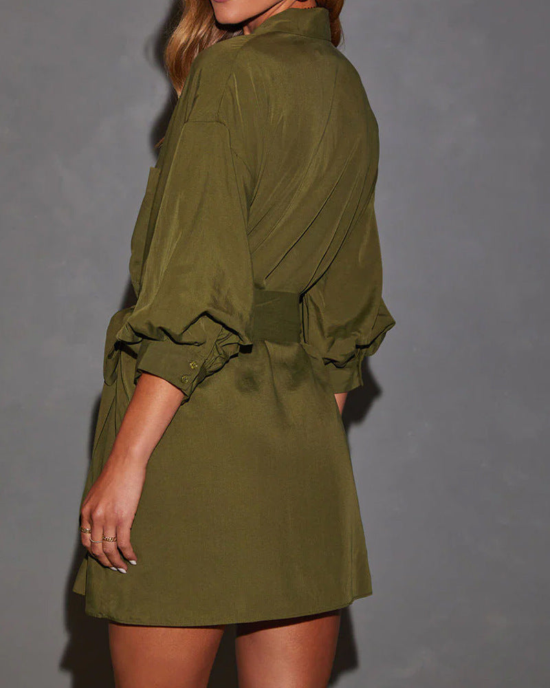 Women stylish fashion Shirt dress Army green (Size S - 2XL)
