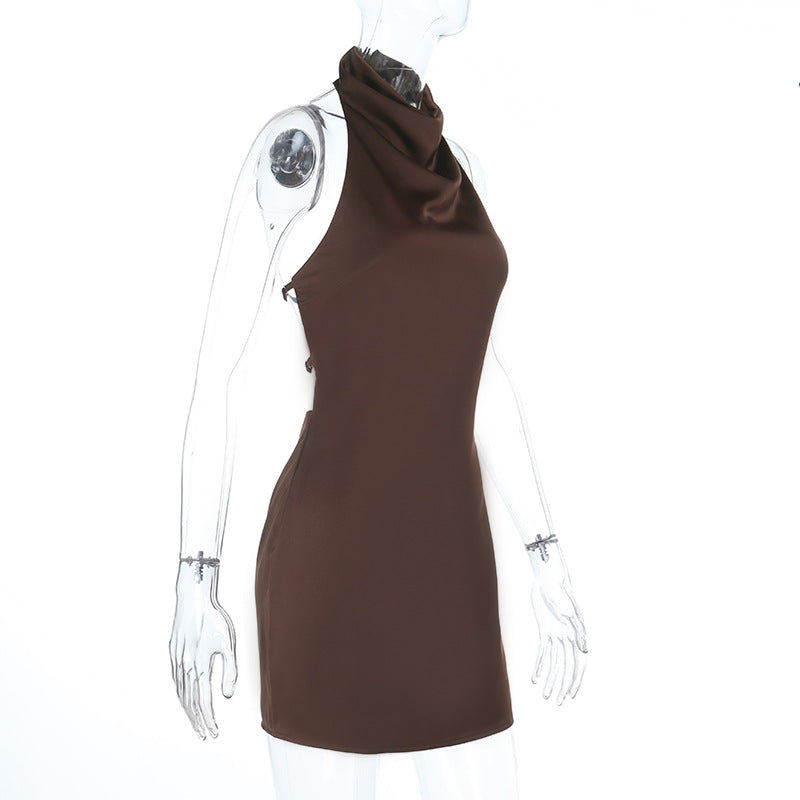 Women stylish fashion sexy bodycon halter neck mini dress Brown / Black (Size S - L)
