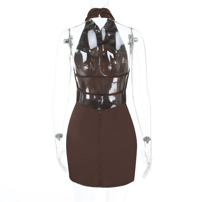 Women stylish fashion sexy bodycon halter neck mini dress Brown / Black (Size S - L)