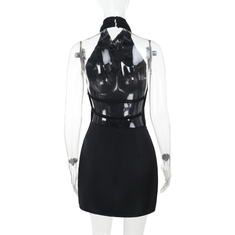 Women stylish fashion sexy bodycon halter neck mini dress Brown / Black (Size S - L)