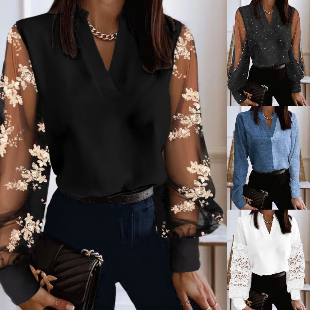 LADIES LONG SLEEVE SHIRT BLACK / BLACK FLORAL / BLUE / WHITE (SIZE S-2XL)